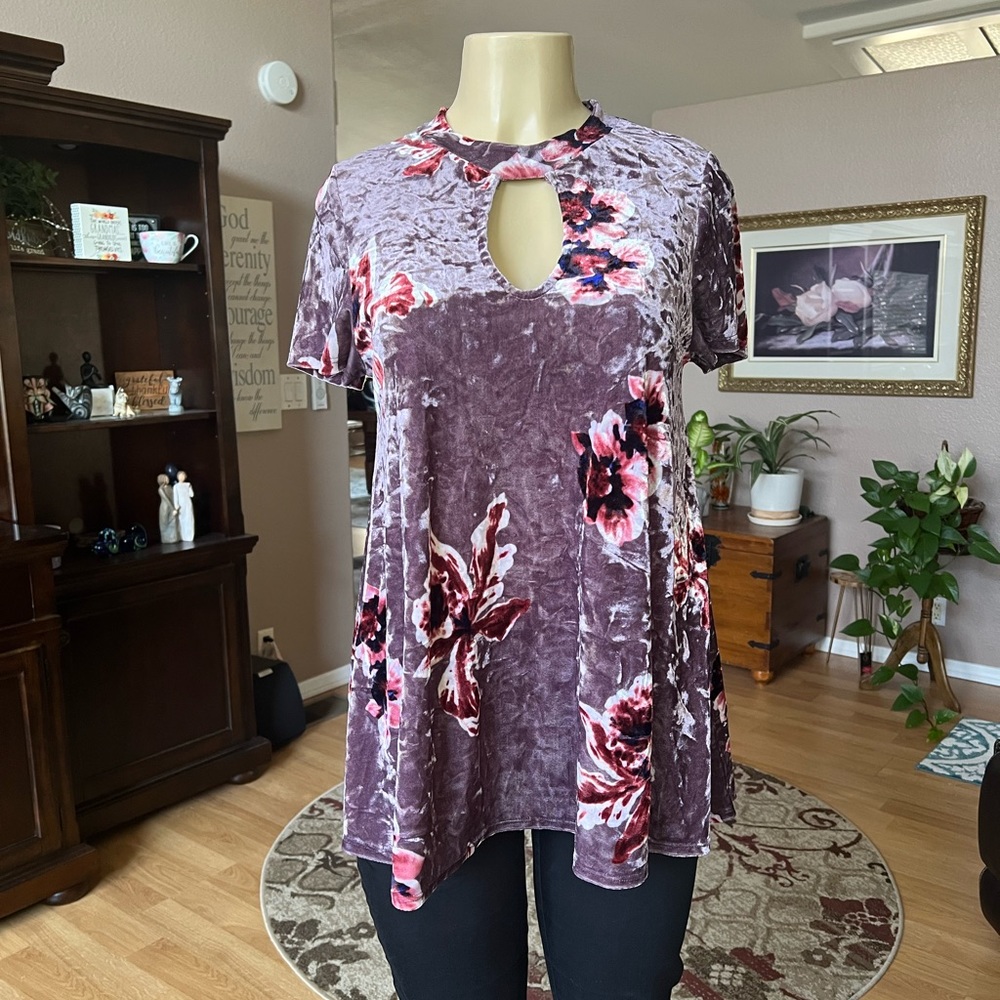 I Love Joah purple, red & white velvet short sleeve blouse-size M